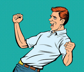 A man showing joy, raising both hands. Pop art vector illustration

