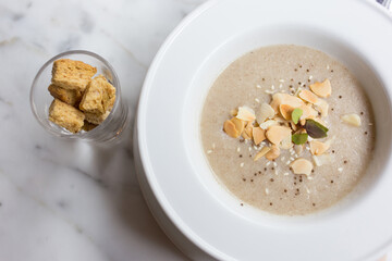 Three mushroom soup Served with healthy bread