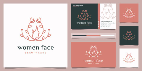 Woman face combine with leaf logo design and business card.