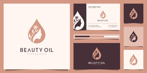 Beauty women and oil negative space logo concept. Feminine logo design and business card template.
