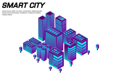 Smart city or intelligent building isometric vector concept. Smart building control concept. Concept building with technology system. 3d isometric vector illustration.