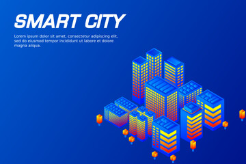 Smart city or intelligent building isometric vector concept. Smart building control concept. Concept building with technology system. 3d isometric vector illustration.