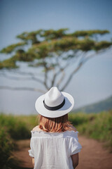 The back of a woman looking at a tree