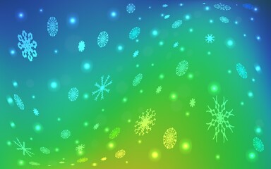 Light Blue, Green vector texture with colored snowflakes. Decorative shining illustration with snow on abstract template. The pattern can be used for new year leaflets.