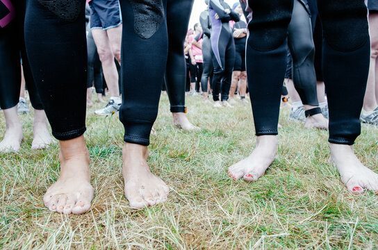 Female athletes waiting for triathlon race start
