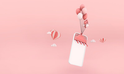 smart phone and balloon 3d rendering for web shopping online business. pink backgroud.