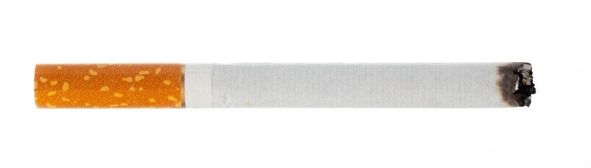 Lit cigarette isolated on white background close up