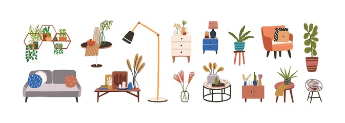 Set of furniture and decor elements vector flat illustration. Collection of home decorations for cosiness interior isolated. Stylish chest of drawers, couch, houseplant, armchair, lamp and table