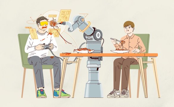 ロボットアームで食事をする人