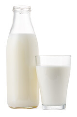 Glass cup and bottle of fresh milk isolated