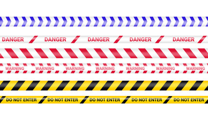 Police tape, crime danger line. Caution police lines isolated. Warning barricade tapes. Set of warning ribbons. Vector illustration on white background.