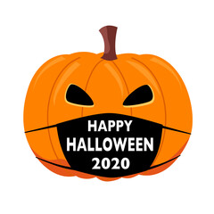 Pumpkin wearing medical face mask in flat design. Happy Halloween 2020 festival in Covid-19 Coronavirus outbreak concept vector illustration on white background.