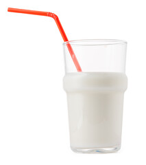 Glass cup of milk with a straw isolated on white