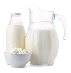 Fresh dairy products milk and cottage cheeese isolated on white