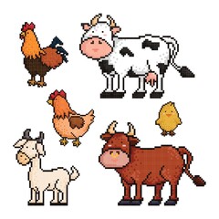 collection of pixel art farm animals