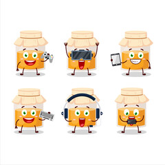 White honey jar cartoon character are playing games with various cute emoticons