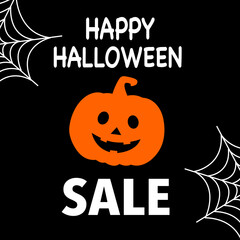 Happy Halloween sale festival concept vector illustration on black background. Pumpkin and spider web in flat design.