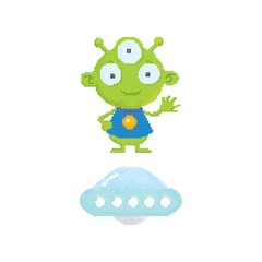 pixel art alien with spaceship