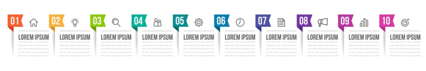 Minimal Business Infographics template. Timeline with 10 steps, options and marketing icons .Vector linear infographic with ten conected elements. Can be use for presentation.