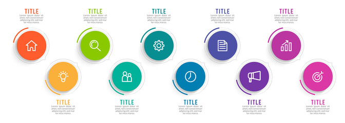 Minimal Business Infographics template. Timeline with 10 steps, options and marketing icons .Vector linear infographic with ten conected elements. Can be use for presentation.