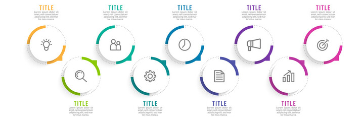 Minimal Business Infographics template. Timeline with 9 steps, options and marketing icons .Vector linear infographic with nine conected elements. Can be use for presentation.