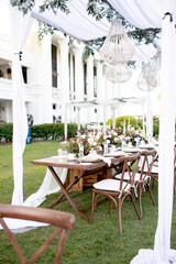 Beautiful rustic garden wedding setup in the morning