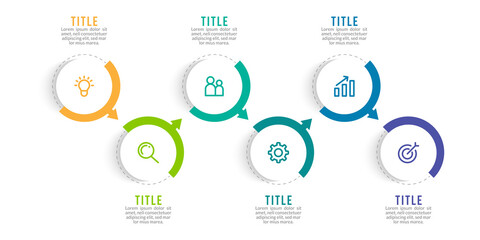 Minimal Business Infographics template. Timeline with 6 steps, options and marketing icons .Vector linear infographic with six conected elements. Can be use for presentation.