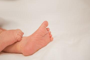 Baby's feet, fingers close up. newborn baby legs, massage concept of childhood, health care, IVF, hygiene