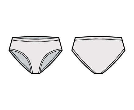 High-cut briefs technical fashion illustration with mid hips coverage and waist rise. Flat Mini-short panties bikini lingerie template front, back, grey color. Women men unisex underwear CAD mockup