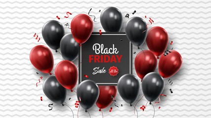 Black Friday Sale Poster with Shiny Balloons on Black and White Background. Universal vector background for poster, banners, flyers, card