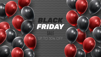 Black Friday Sale Poster with Shiny Balloons on Black and White Background. Universal vector background for poster, banners, flyers, card