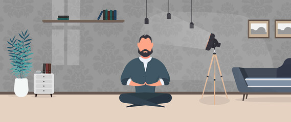 Businessman meditates in the office. a man doing yoga. Relaxation, meditation, yoga and rest from work concept. Vector.