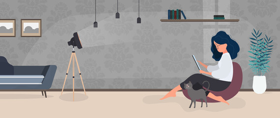 The girl sits on an ottoman and works at a laptop. A woman with a laptop sits on a large pouf. The cat rubs against the girl's leg. The concept of comfortable work in the office or at home. Vector.