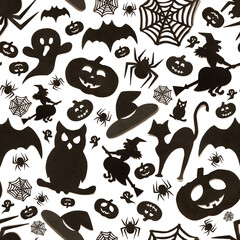 Seamless halloween pattern in cartoon style on white background. Paper art. Happy hallowen holiday concept