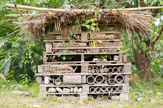 Special manmade insect hotels created from natural materials in garden