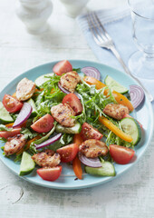 Healthy Salad with Chicken Breast, Cherry Tomatoes, Cucumber, Orange Pepper, Endive and Red Onion. Close up.