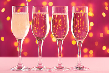 Four champagne glasses against pink background with blurred garland