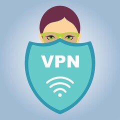 Head of a young woman behind a vpn shield