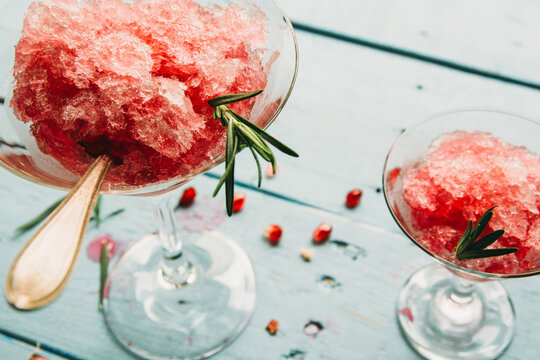 Pomegranate Granita in Cocktail Glasses