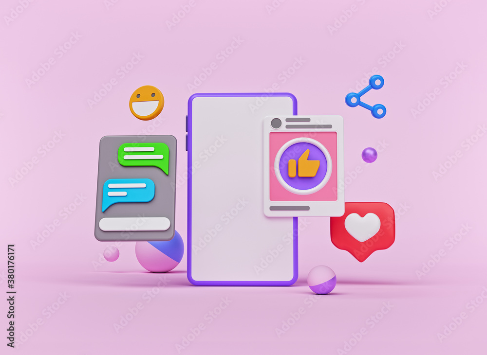 Fototapete social network icons with a smartphone. abstract trendy design for social media advertising. modern 