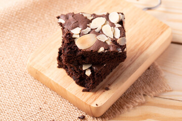 Close up. Brownies on a wooden background.