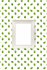 Basil. Green leaves of fresh italian basil background on whte backdrop. Basil leaves isolated on white background. flat lay Picture frame on wall - mockup