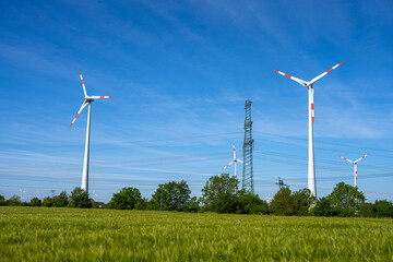 Wind power turbines and power lines seen in Germany