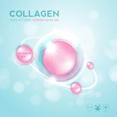 Collagen serum and vitamin, hyaluronic acid skin solutions with cosmetic advertising background ready to use. Illustration vector design.
