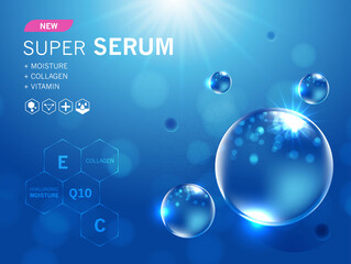 Collagen serum and vitamin, hyaluronic acid skin solutions with cosmetic advertising background ready to use. Illustration vector design.