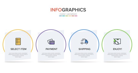 Concept of shopping process with 4 successive steps. Four colorful graphic elements. Timeline design for brochure, presentation, web site. Infographic design layout.