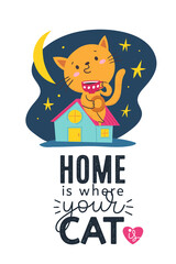 Trendy poster with cat with coffee or tea and quote.