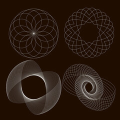 Set of spirographs on a black background. Spirograph abstract element.