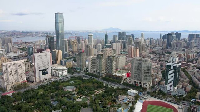 aerial shot of dalian city center
