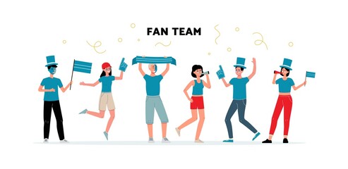 Group of sport or football fans team, flat vector illustration isolated.